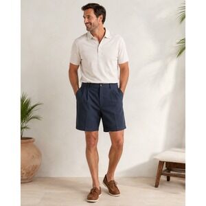 Tommy Bahama Mens 44 Navy Blue Silk Cotton Blend Pleated Shorts Luxury Casual